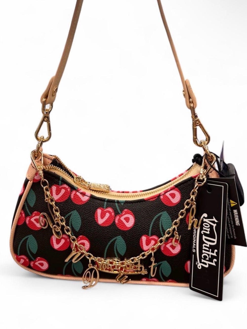 Von Dutch Black Cherry Print Shoulder Bag with Gold Chain